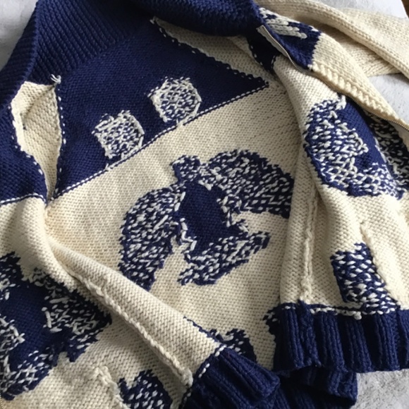 VINTAGE CREAM & BLUE PURE WOOL EAGLES DESIGN HANDKNITTED FRONT ZIP CARDIGAN SZ L - Picture 11 of 11